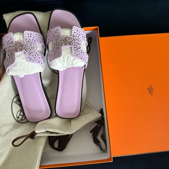 Hermes H sandals, light purple/ velvet rhinestone